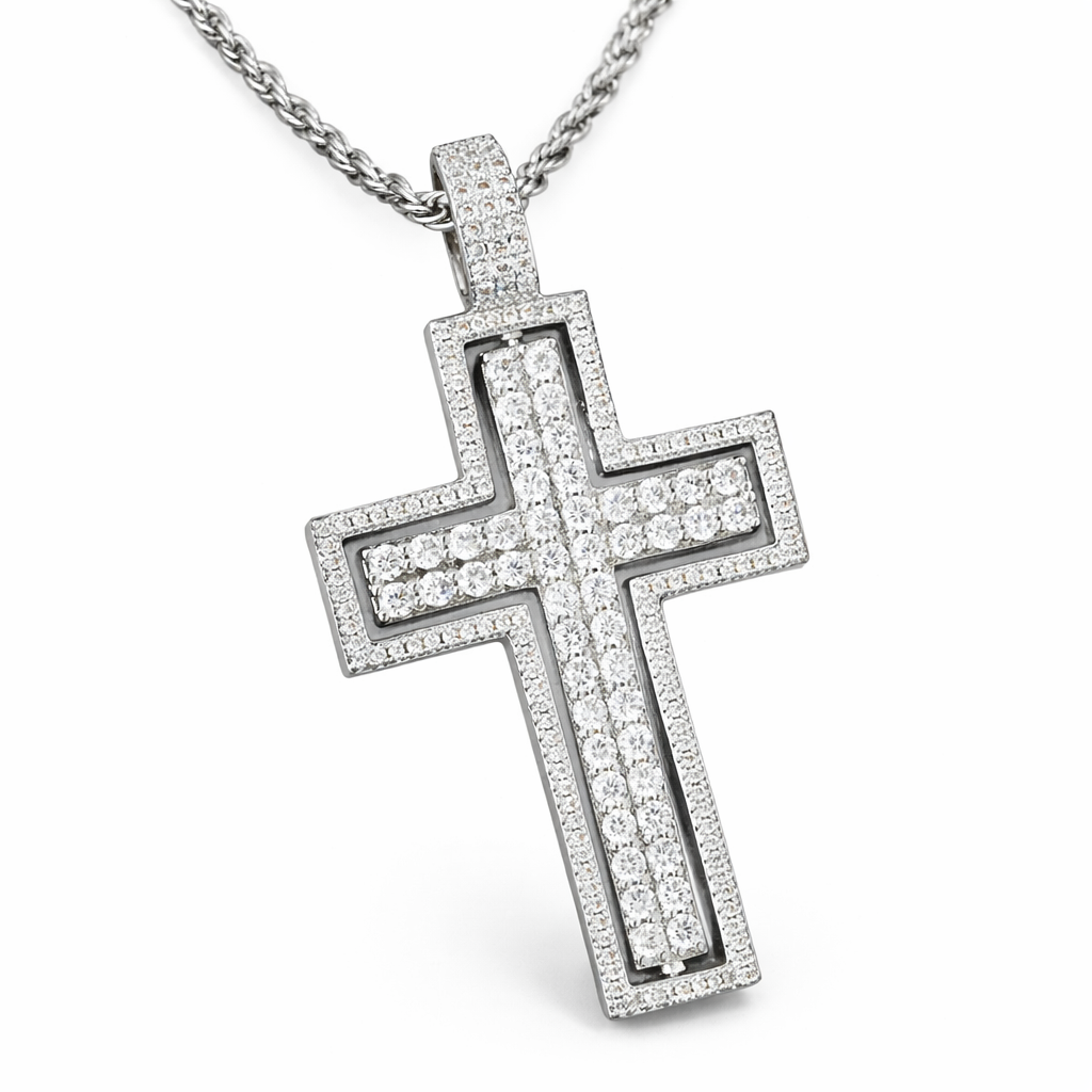 Cross Pendant Double Side Rotatable CZ 14K Gold + Free Rope Chain
