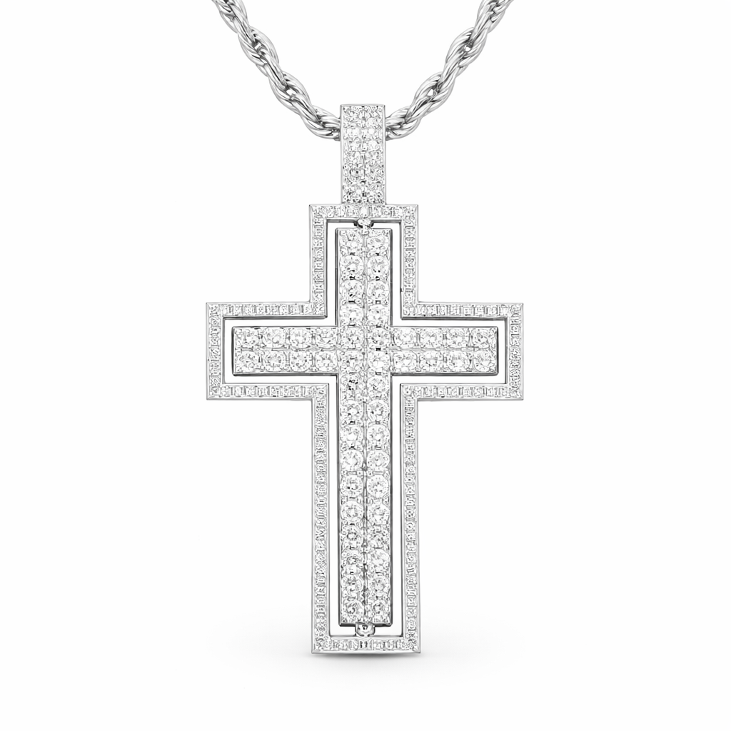 Cross Pendant Double Side Rotatable CZ 14K Gold + Free Rope Chain