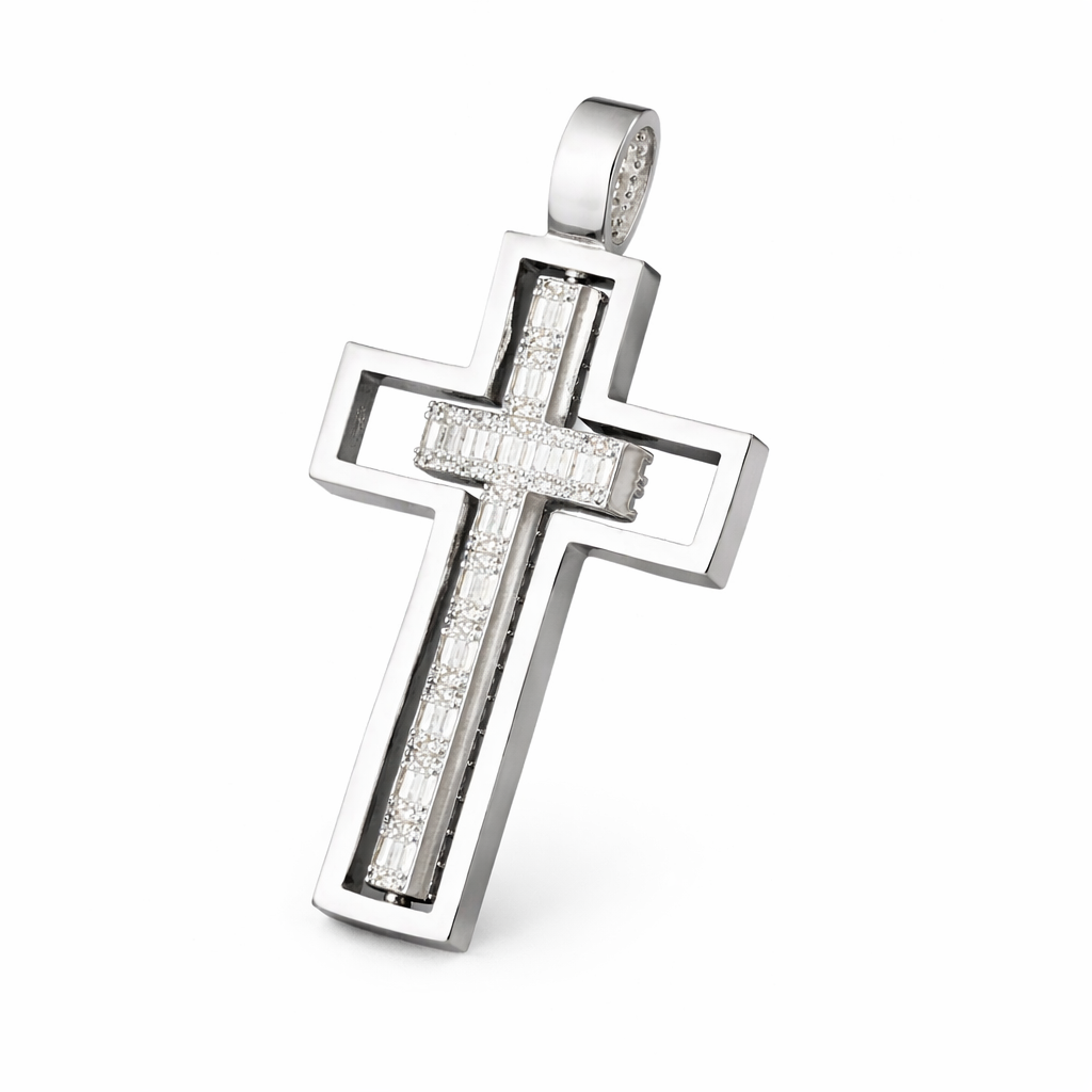 Cross Pendant Double Side Rotatable CZ 14K Gold + Free Rope Chain