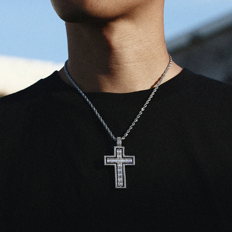 Cross Pendant Double Side Rotatable CZ 14K Gold + Free Rope Chain